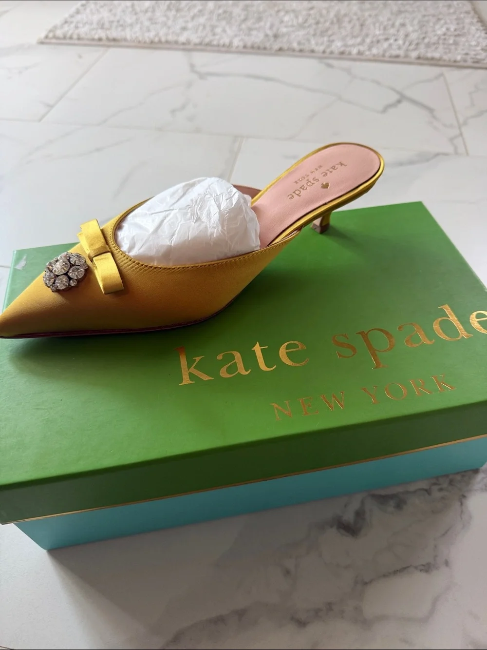 kate spade Yellow Satin Pointed Toe Embellished Kitten Heel Mule